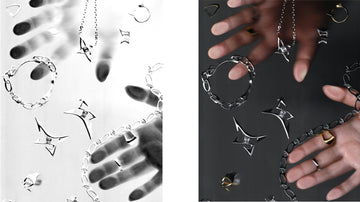 Sterling silver rings and sculptural chain jewelry displayed against contrasting black and white backgrounds, with expressive hand gestures.