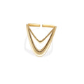 Gold sculptural V-shaped ring with dual-layered curves, shown on white background