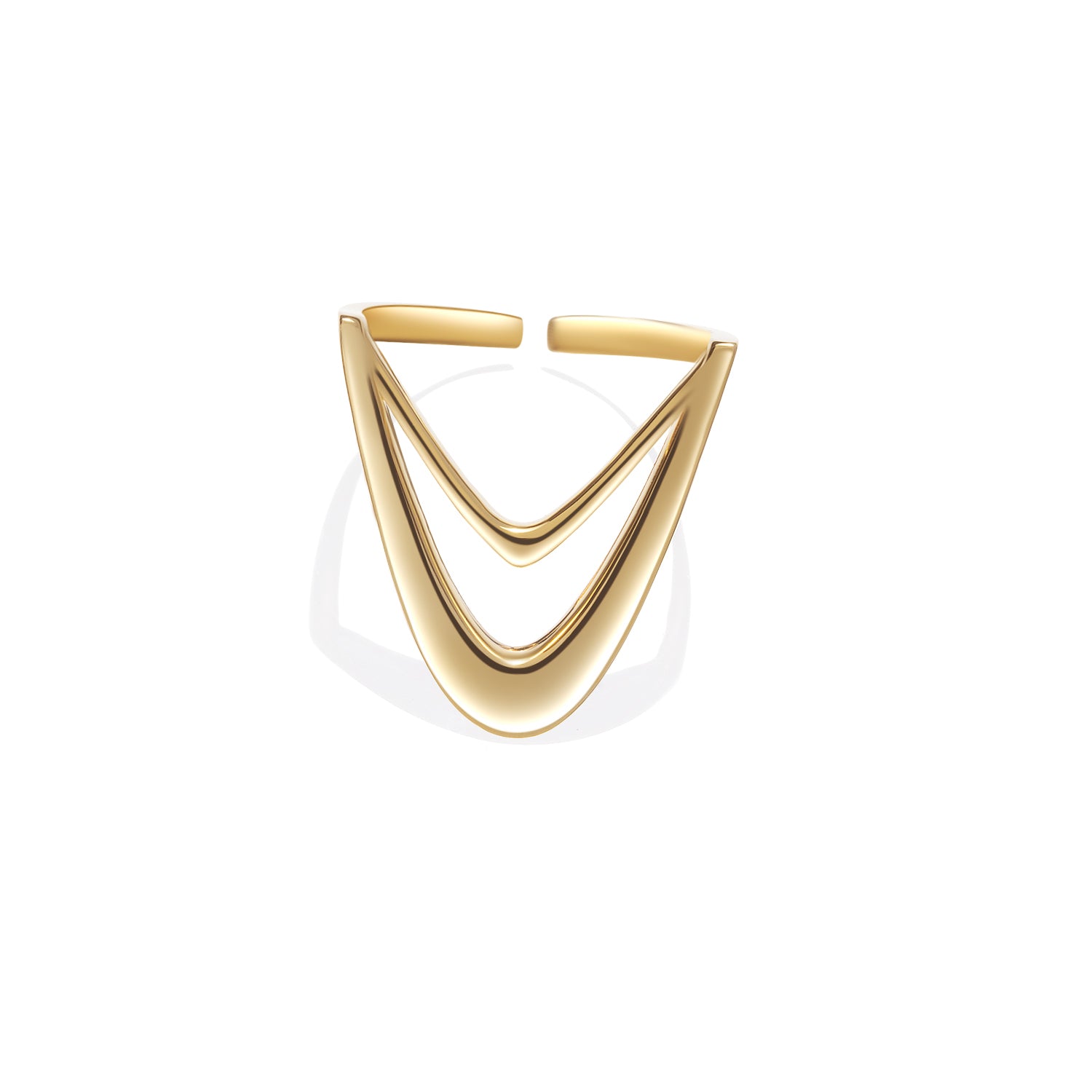 Gold sculptural V-shaped ring with dual-layered curves, shown on white background