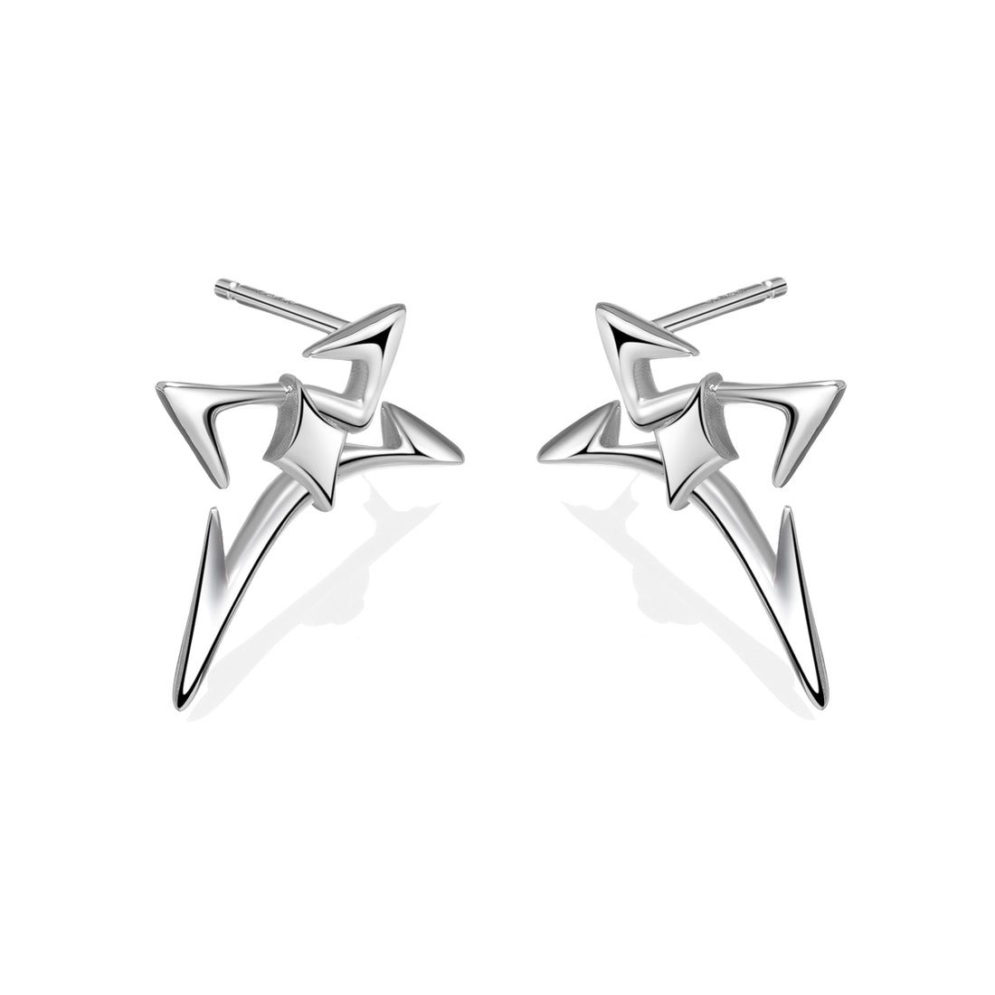 Angular silver spike stud earrings with futuristic design, photographed on a white background