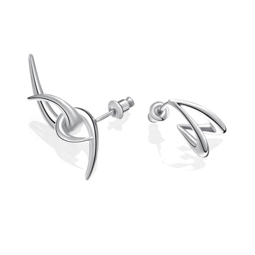Futuristic silver sculptural earring set with aerodynamic wing arc design