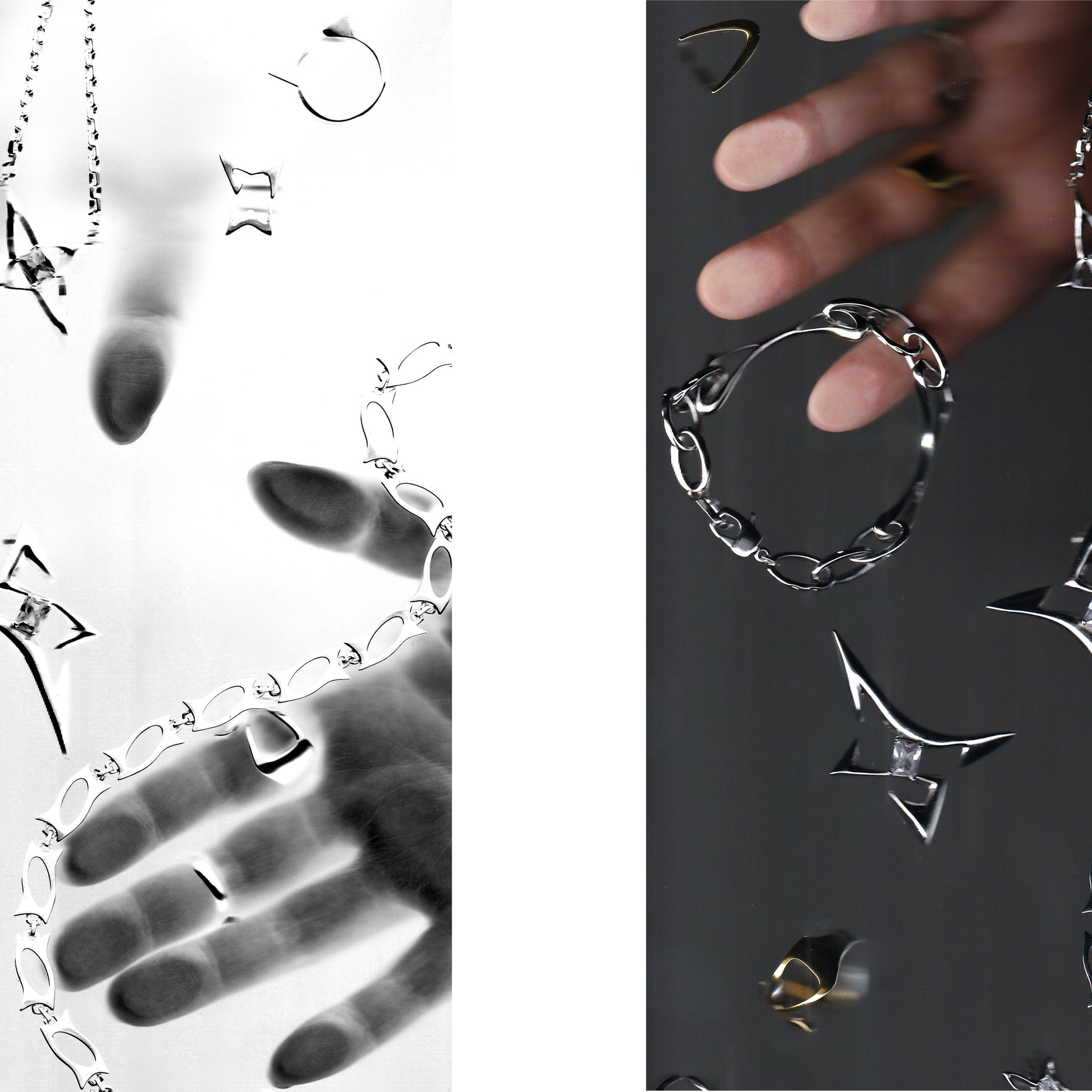 Sterling silver rings and sculptural chain jewelry displayed against contrasting black and white backgrounds, with expressive hand gestures.