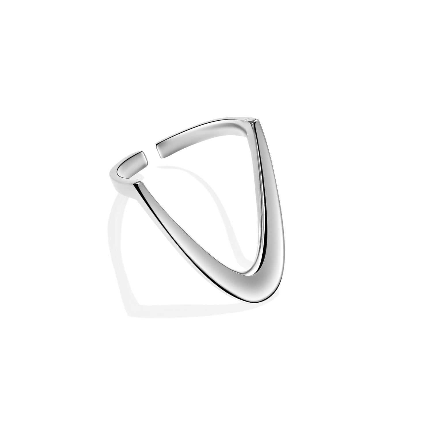 Sterling silver open V-shape ring with sculptural, minimalist design on a white background