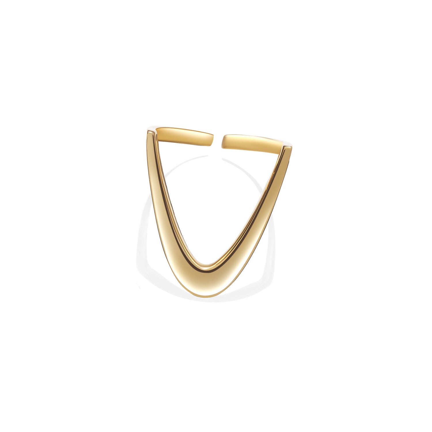 Sleek gold V-shaped open ring captured against a clean white backdrop.