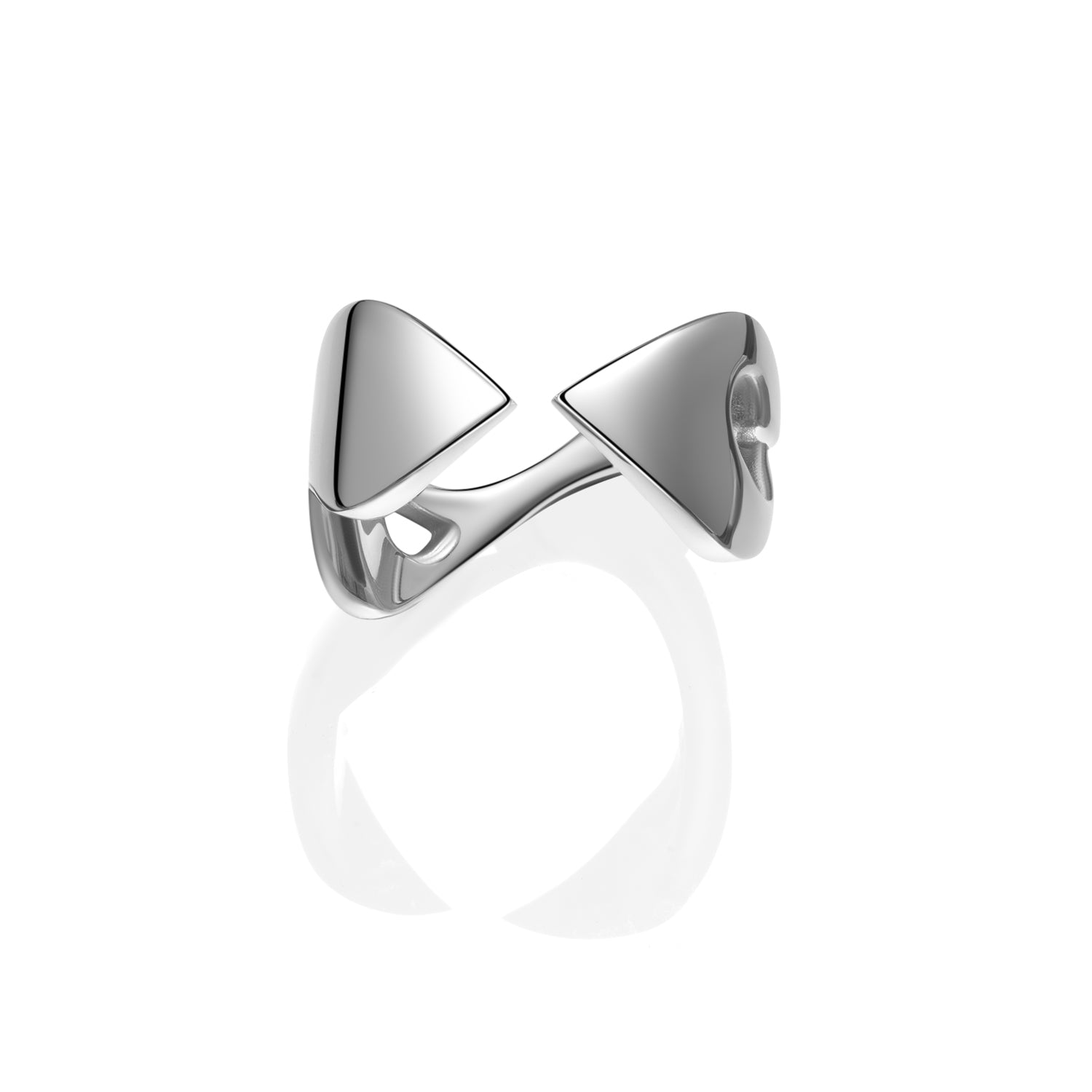 Sculptural open ring with curved twin-point design in polished silver

