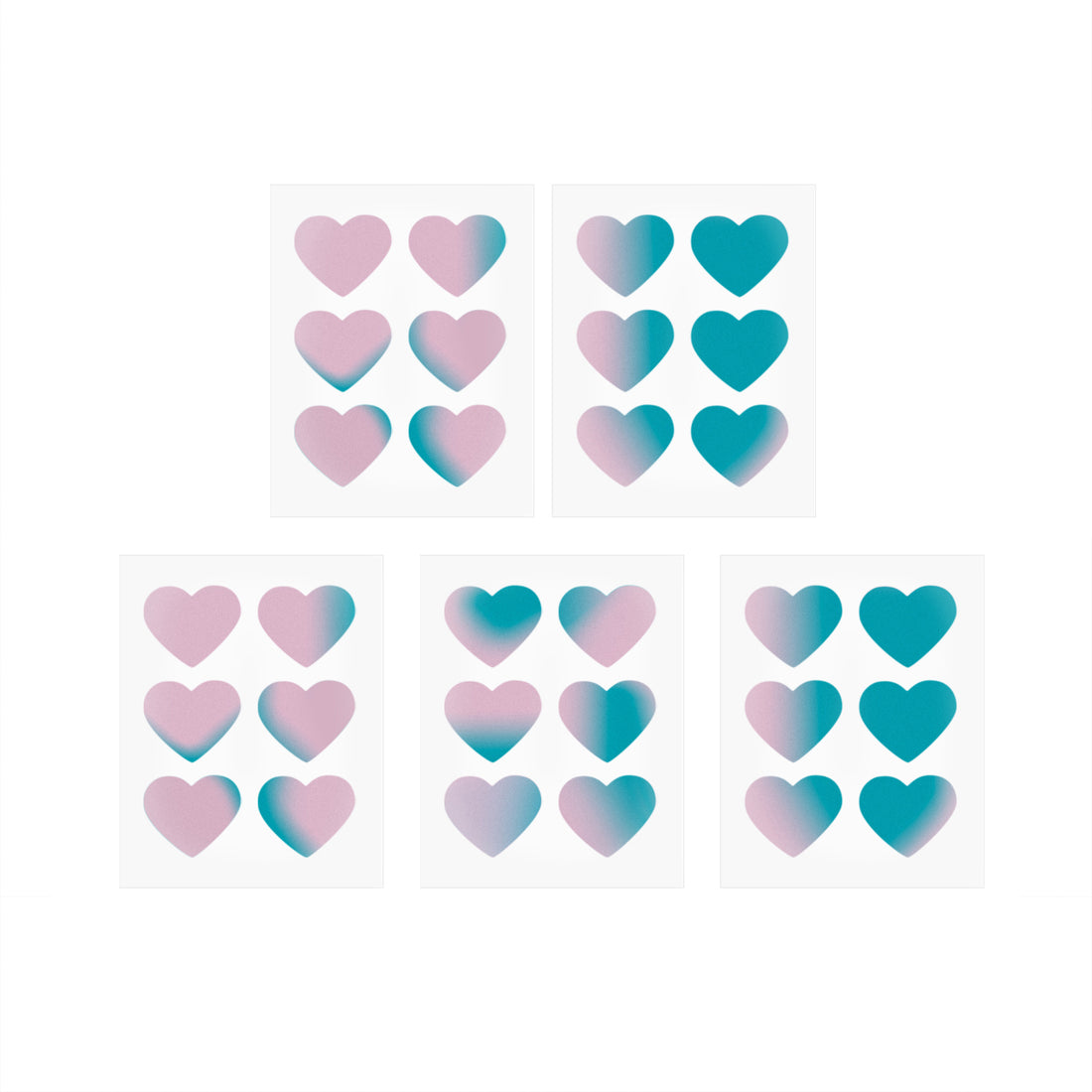 Holographic heart-shaped pimple patches in pink and teal gradient for acne care.