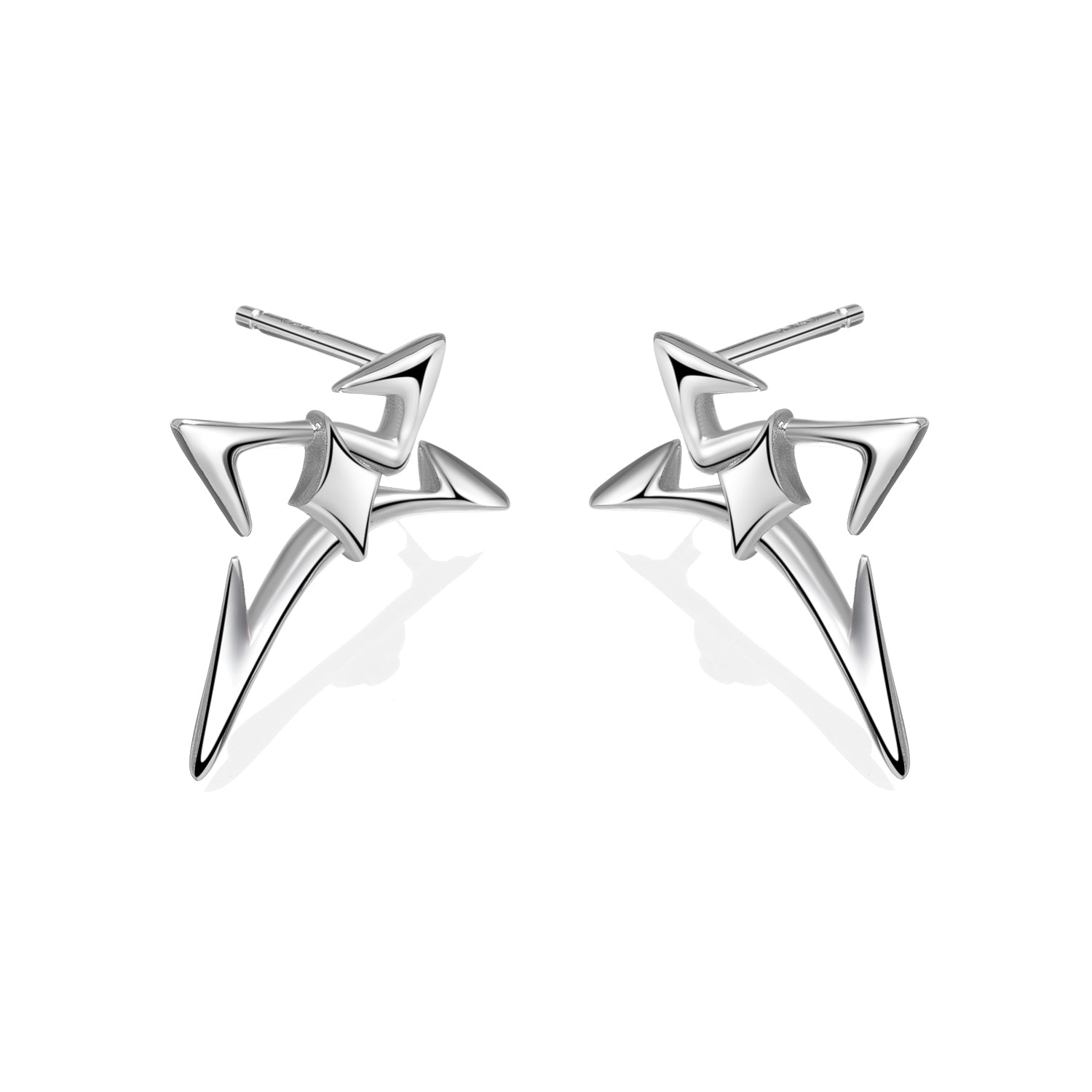 Angular silver spike stud earrings with futuristic design, photographed on a white background

