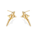Pair of gold-plated unisex spike earrings with bold angular design, displayed on white background