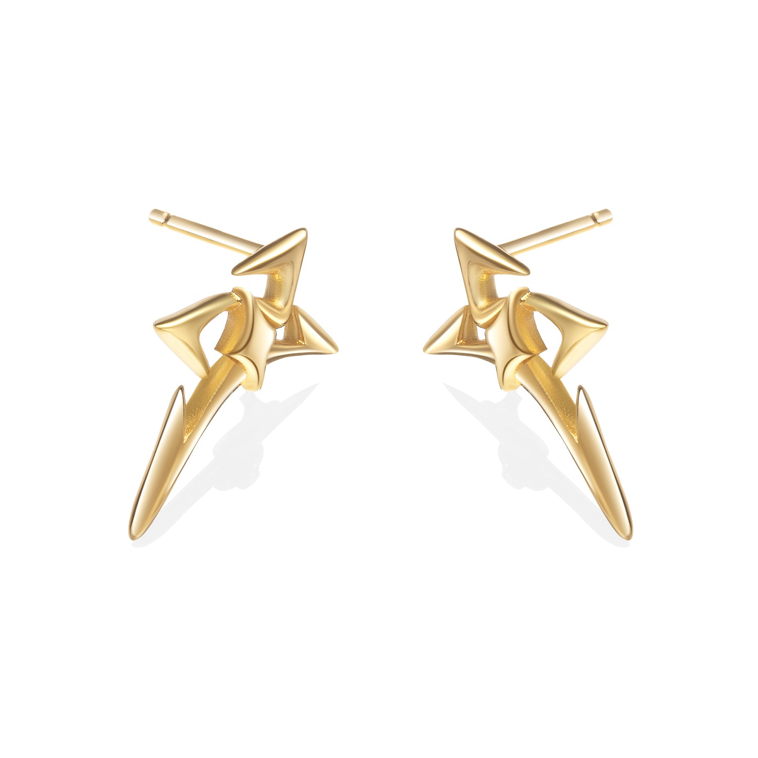 Pair of gold-plated unisex spike earrings with bold angular design, displayed on white background