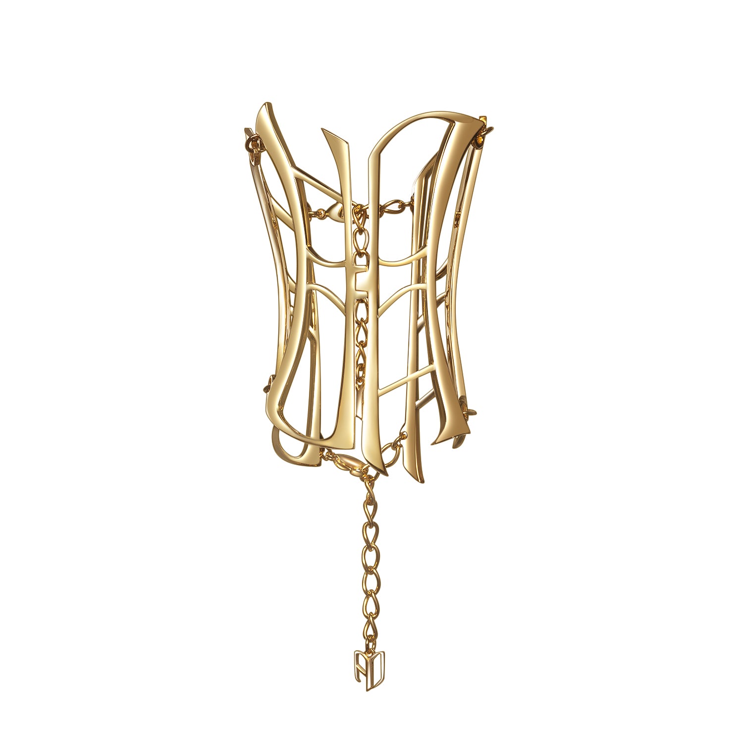 Sculptural gold cuff bracelet with corset-inspired openwork design