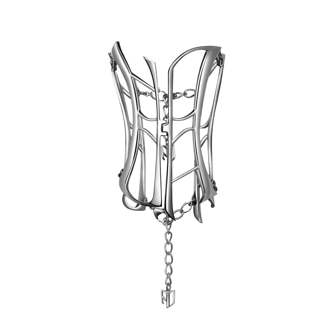 Sculptural silver cuff bracelet with cage-like corset design, front view

