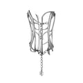 Sculptural silver cuff bracelet with cage-like corset design, front view

