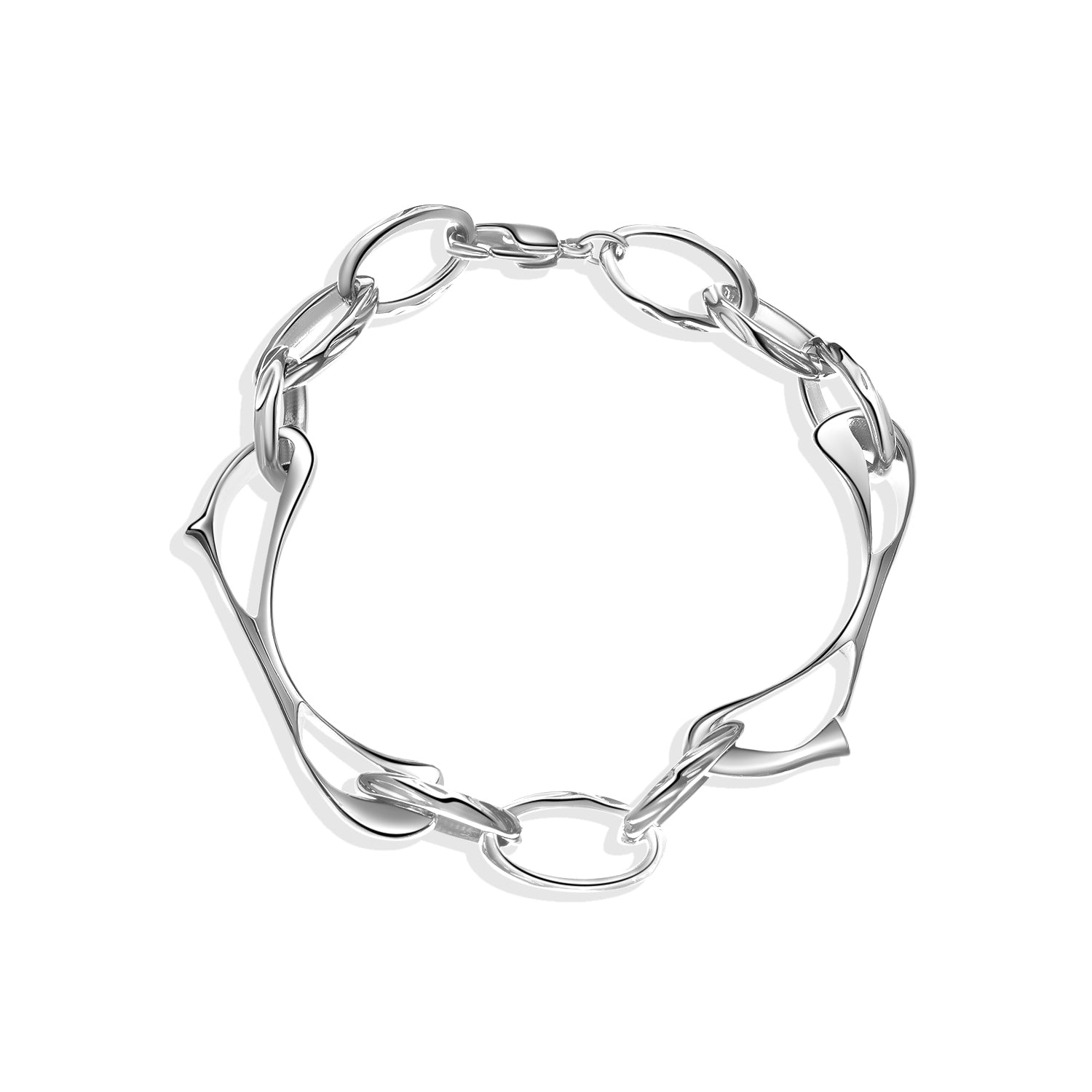 Sculptural interlinked 925 silver bracelet with wave-like organic links on white background