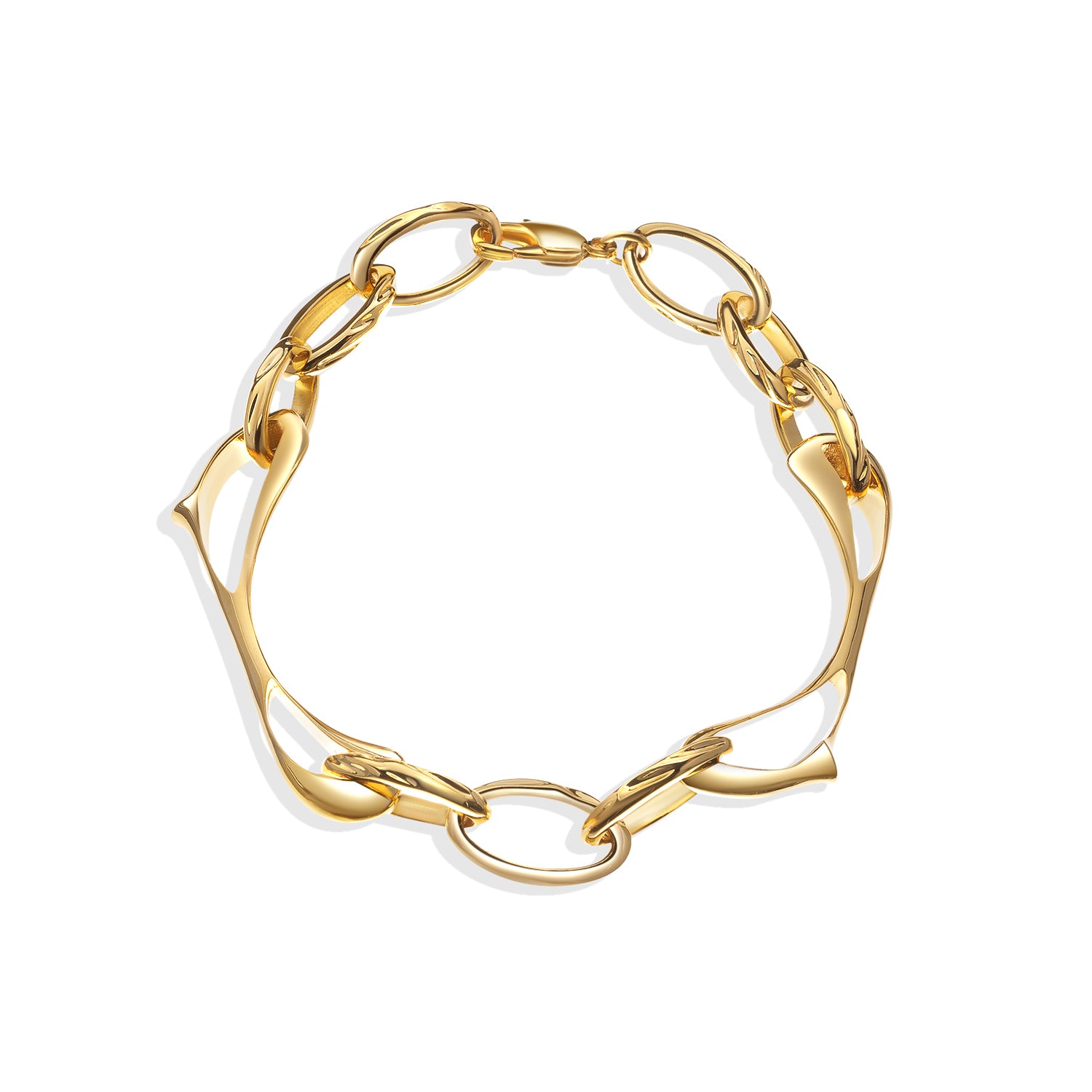 Sculptural gold bracelet with wave-like links on white background