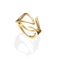 Back view of gold stackable sculptural ring with organic open design