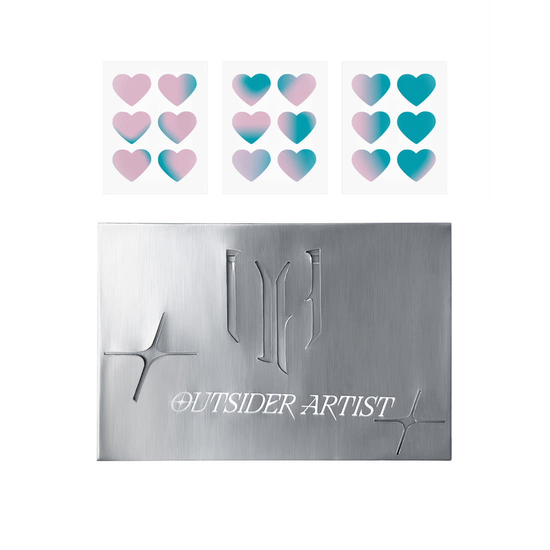 Holographic heart-shaped pimple patches in pink and teal gradient for acne care.