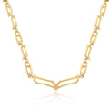 Close-up of the My Heart Soars gold necklace with wing-inspired links and a bold V-shaped centerpiece on white background.