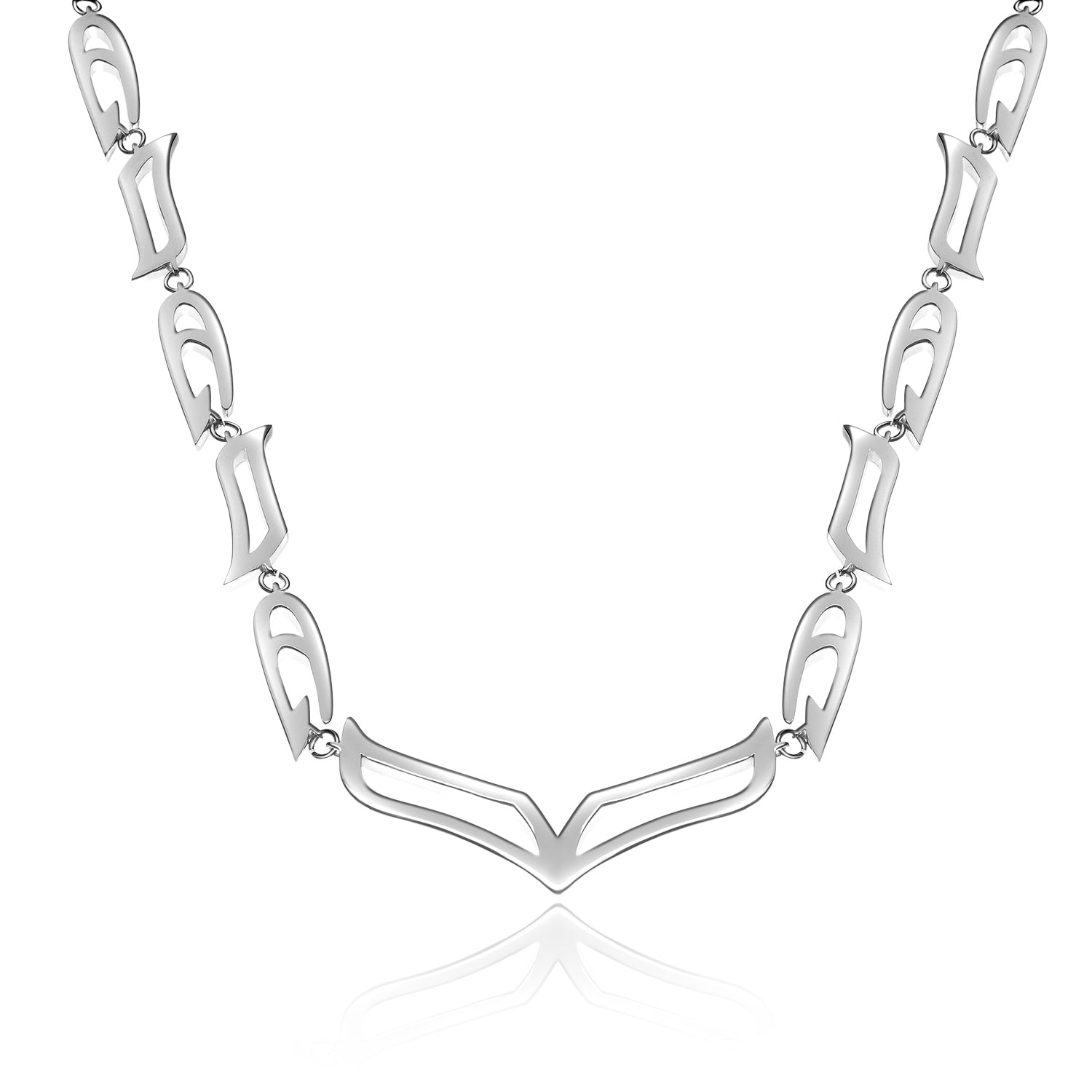Close-up of My Heart Soars chunky silver necklace with sculptural V-shaped center and oversized wing-inspired chain links on a white background.