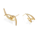Front view of Neural Link sculptural earrings in gold finish, featuring futuristic aerodynamic arcs