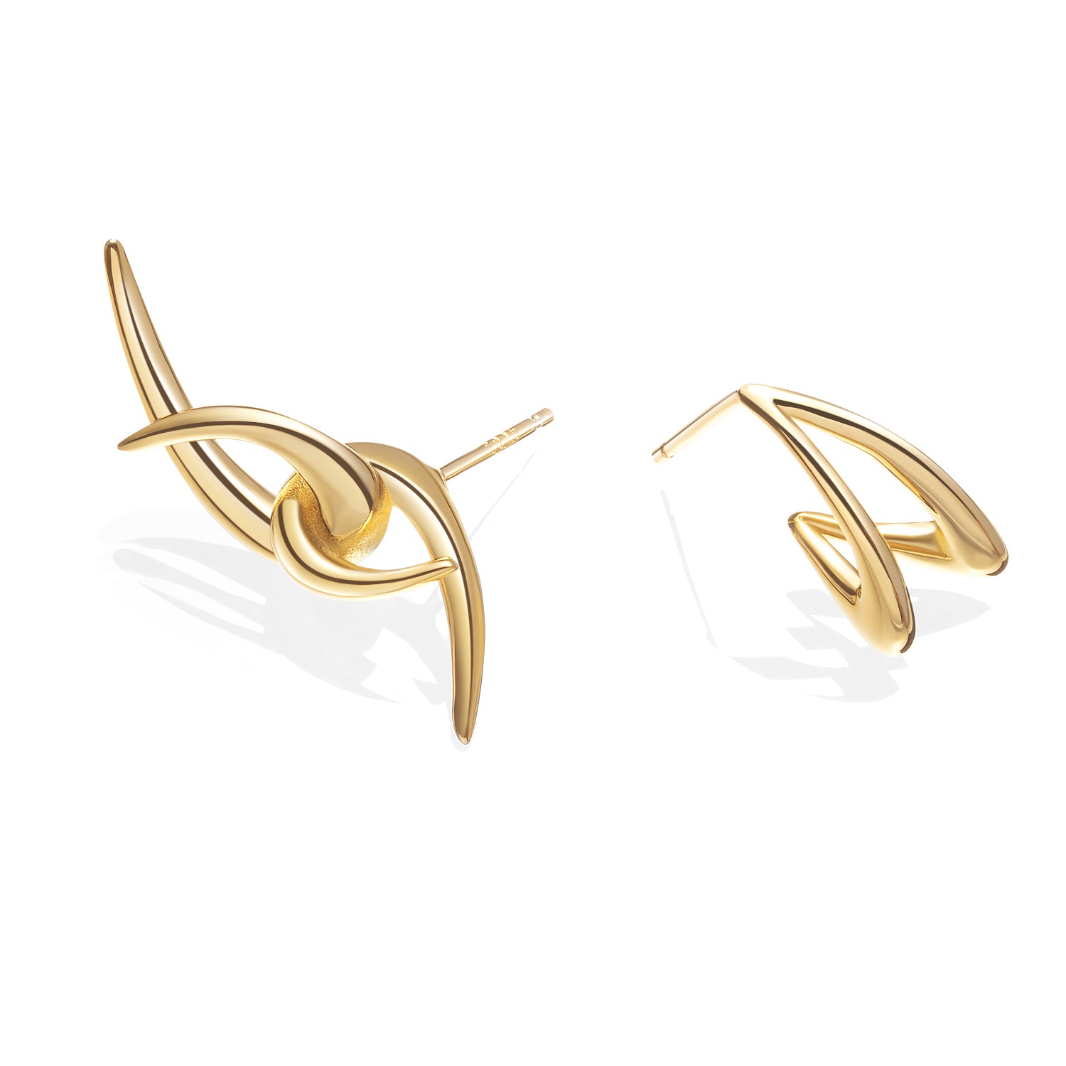 Front view of Neural Link sculptural earrings in gold finish, featuring futuristic aerodynamic arcs