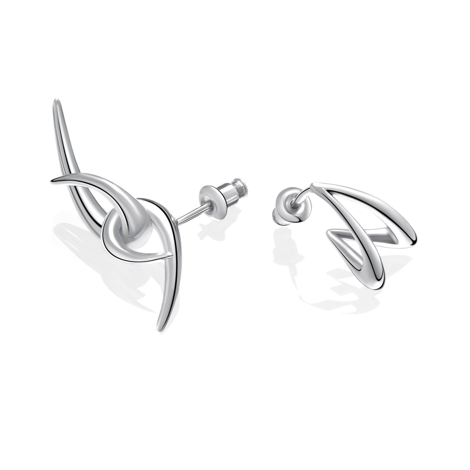 Futuristic silver sculptural earring set with aerodynamic wing arc design