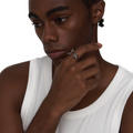 Model wearing the Pioneer Ring in 925 sterling silver, styled on the index finger for a clean, futuristic look.