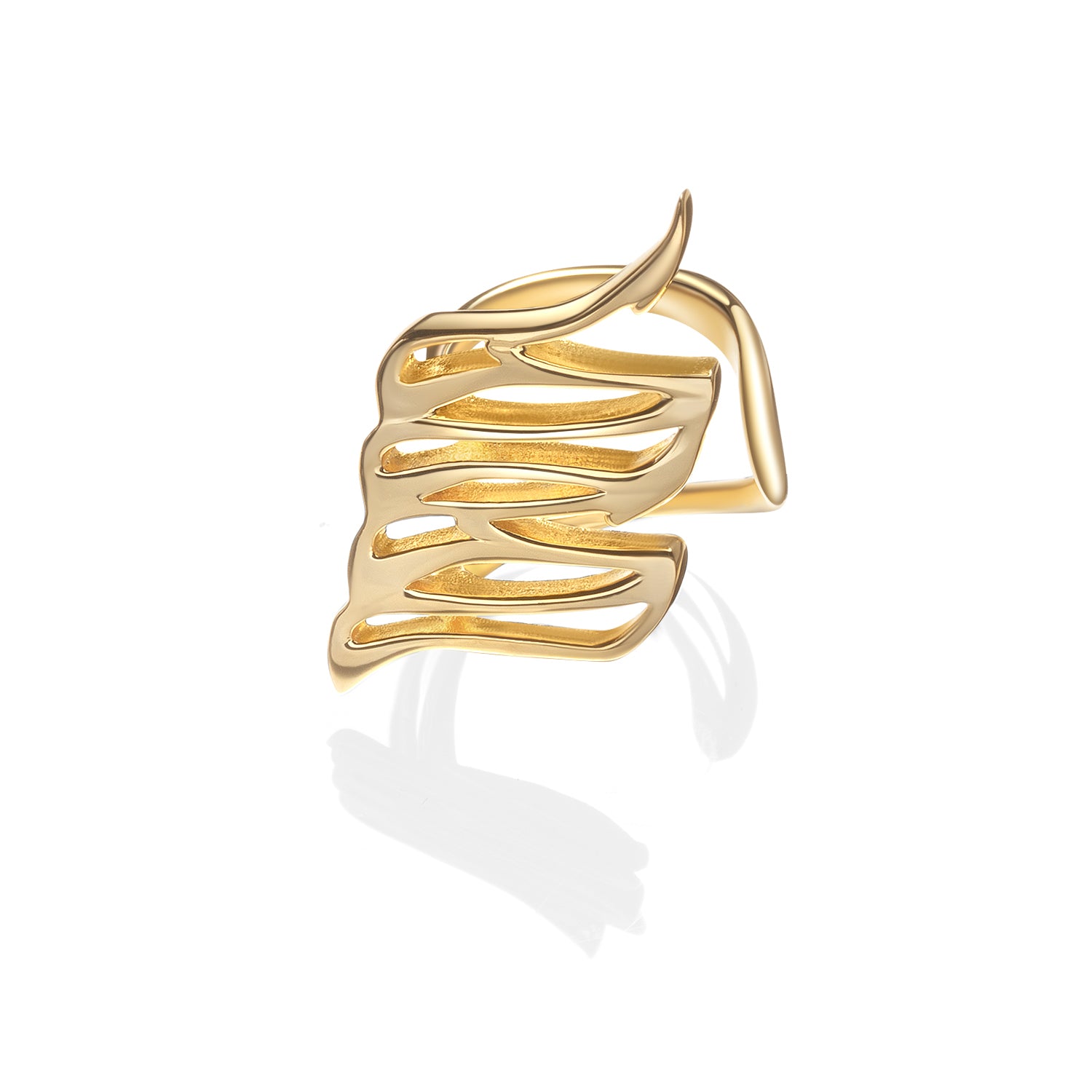 Sculptural gold wing ear cuff with aerodynamic curves and open silhouette